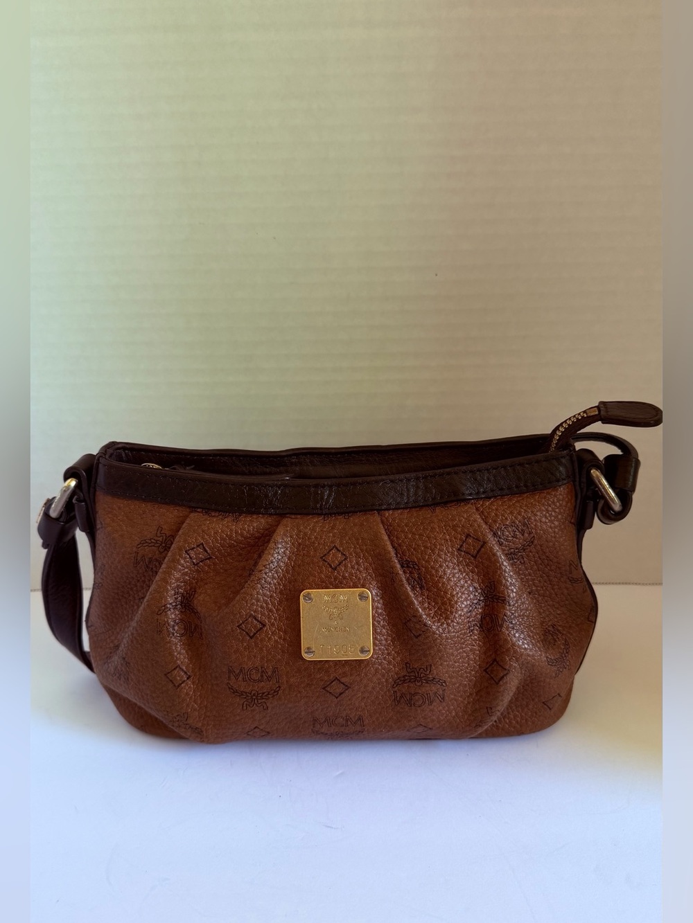 MCM Cognac Logo-Print Leather Shoulder Bag with Gold Plaque